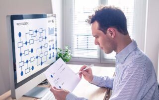 A man using a computer for GSA proposal support in the federal government.